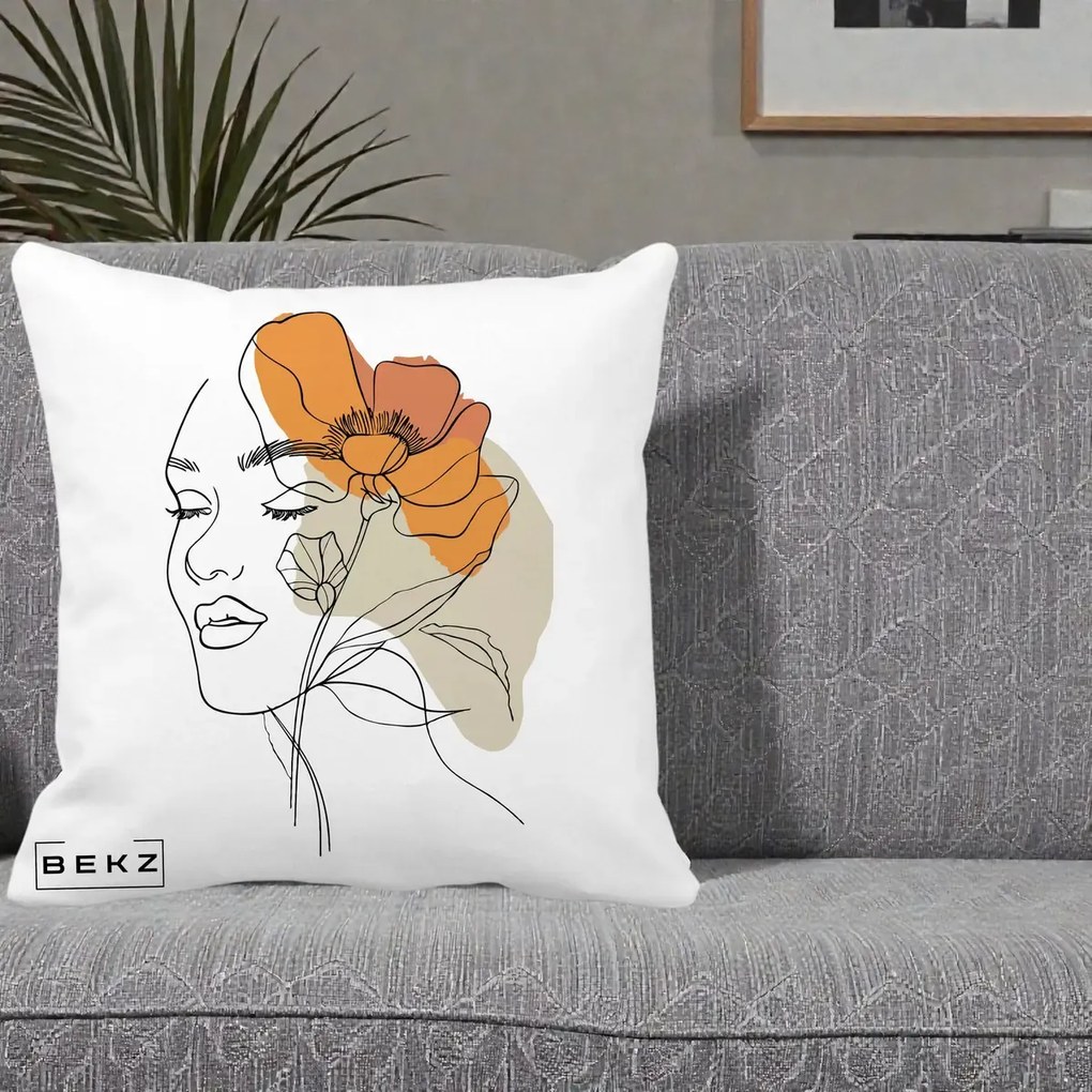 Perna Decorativa Portret Feminin Mac Mare Portocaliu, 40x40 cm, Alba Mata, Husa Detasabila, Perna Inclusa, BEKZ®