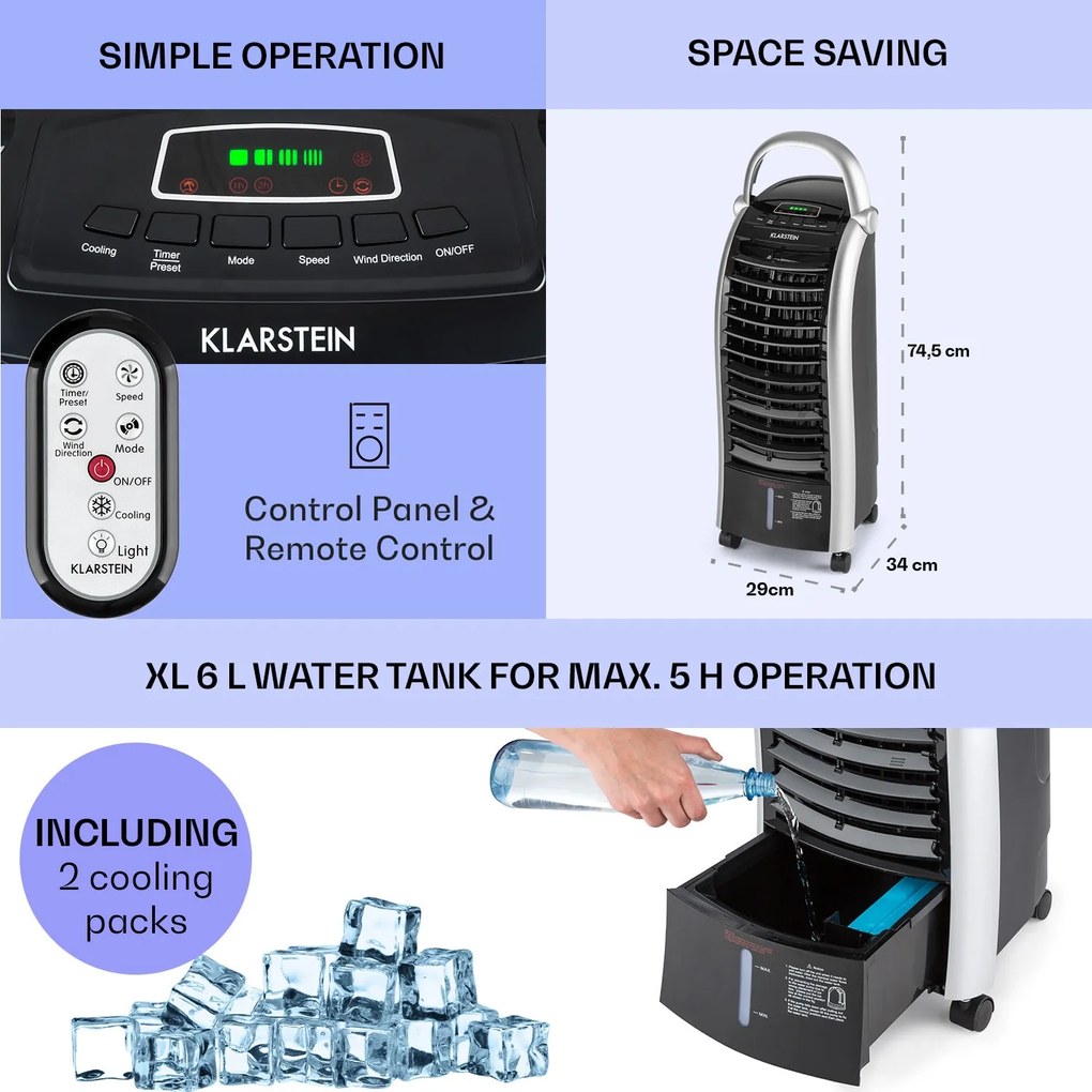 Klarstein Maxfresh, răcitor de aer, ventilator, 4 in 1, 6 l, 65 W, telecomandă, 2 x pastile de răcire