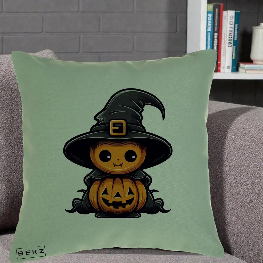 Perna Decorativa Halloween Dovleac Vrajitor Kawaii, 40x40 cm, Verde, Husa Detasabila, Perna Inclusa, BEKZ®