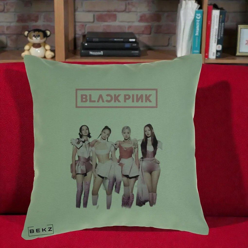 Perna Personalizata K-pop BLACKPINK Fotografie Grup Tinute Roz, 40x40 cm, Verde, Husa Detasabila, Perna Inclusa, BEKZ®
