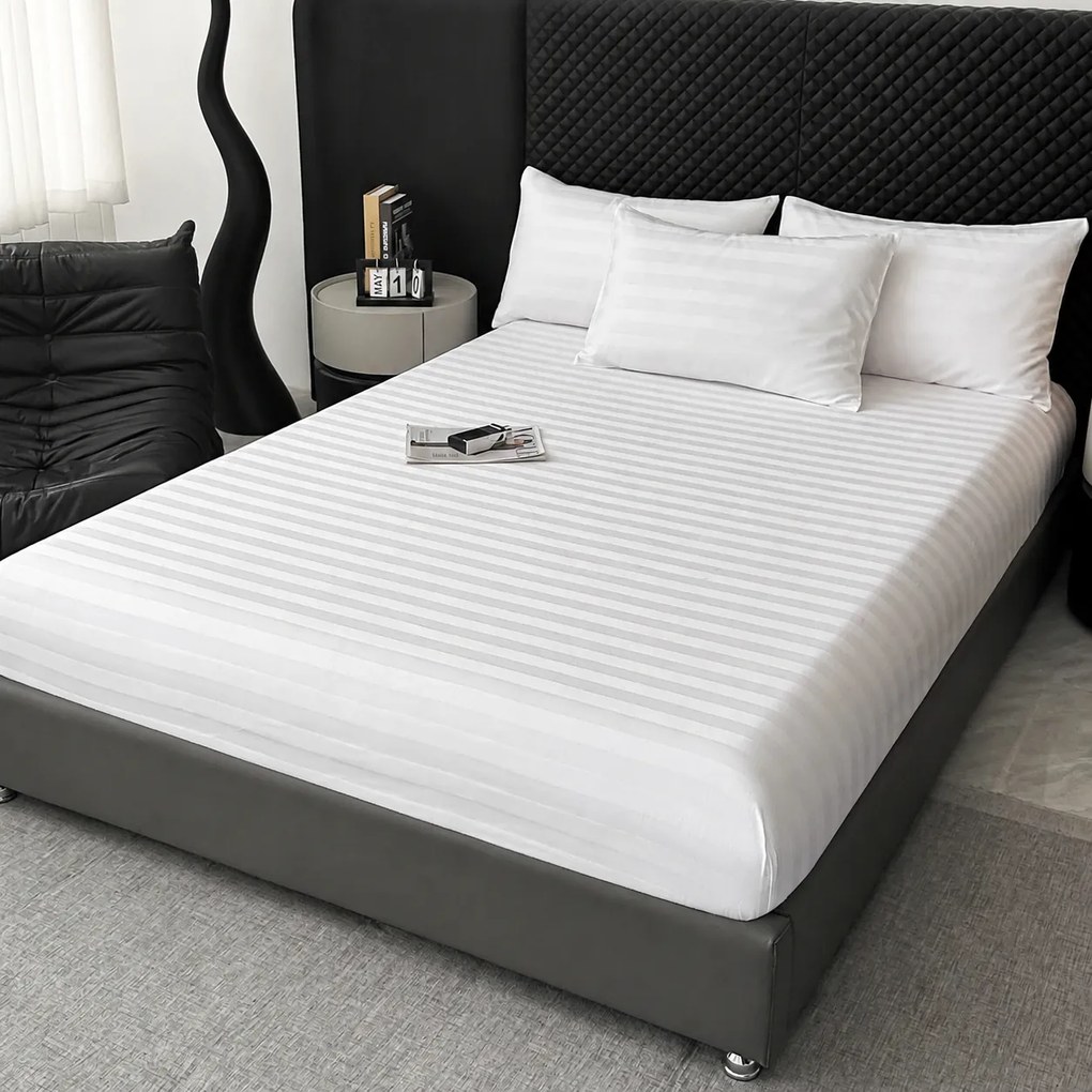 Lenjerie Premium Damasc, bumbac 100%, 6 piese, pat 2 persoane, alb
