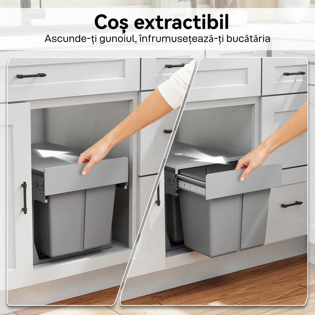 HOMCOM Cos de Gunoi Extractibil Sub Chiuveta 31L, 3 Recipiente Detasabile, 48x34,3x35,1 cm, Gri Deschis | Aosom Romania
