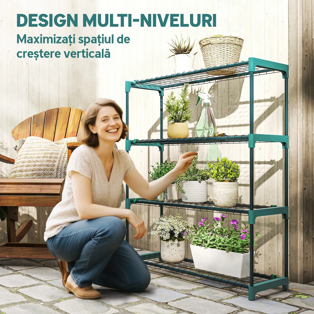Outsunny Raft pentru Plante pe 4 Niveluri, Set de 2 Suporturi pentru Plante, din Oțel cu Catarame pentru Montaj Ușor, Expunere Ghivece Grădină și Balcon, 90x28x104 cm | Aosom Romania