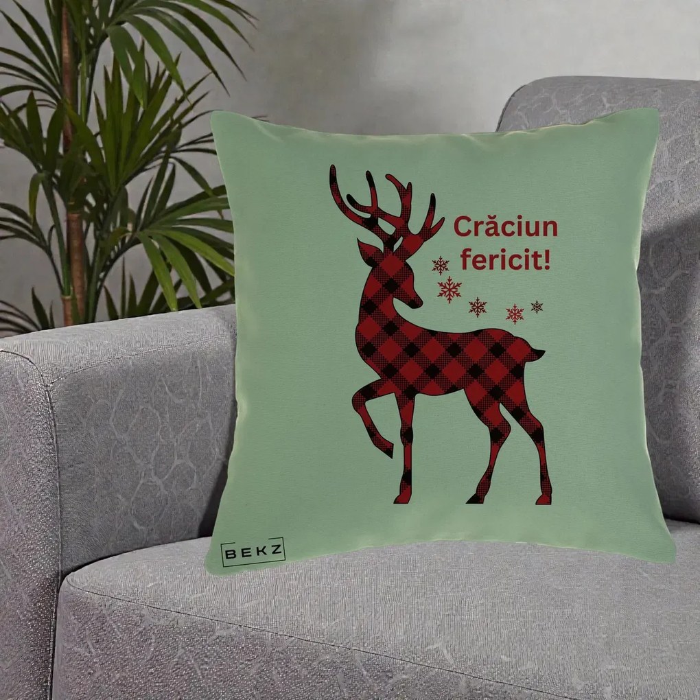 Perna Decorativa Ren Tartan Craciun Fericit, 40x40 cm, Verde, Husa Detasabila, Perna Inclusa, BEKZ®