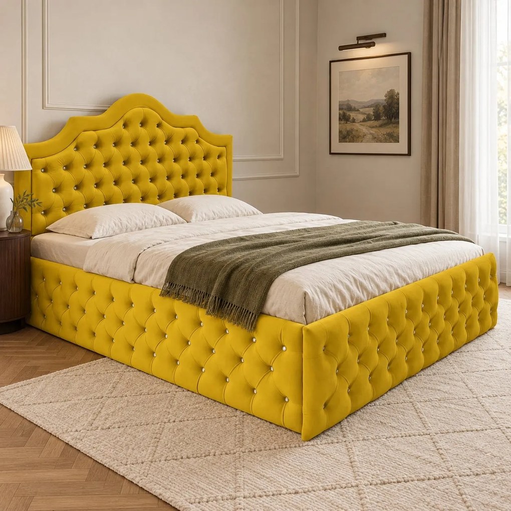 Pat tapițat Chesterfield din catifea Imperio Deluxe 160×200 cm, galben muștar, cu ladă de depozitare