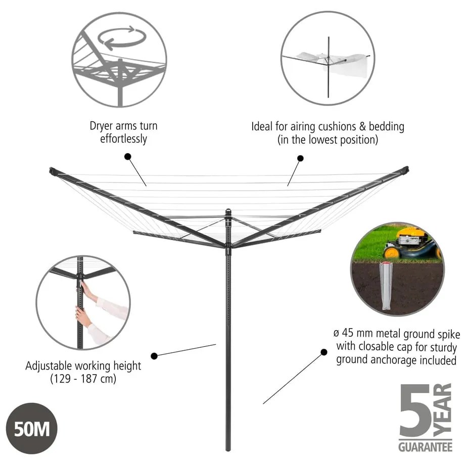 Uscător de rufe gri antracit pentru grădină 50 m Lift-O-Matic – Brabantia