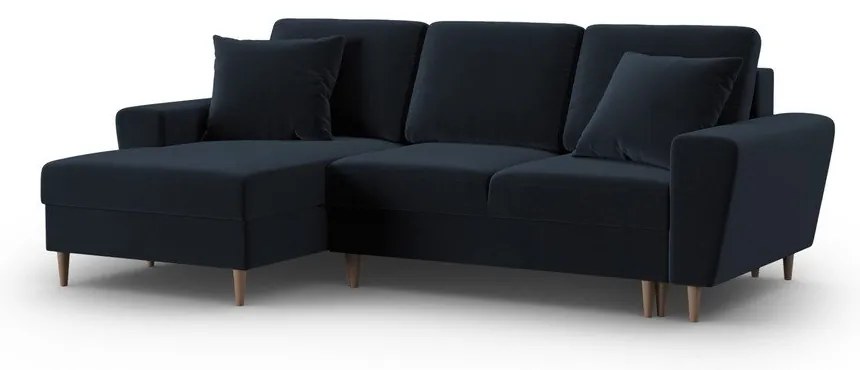 Colțar albastru închis extensibil, cu spațiu de depozitare cu tapițerie din catifea (cu colț pe partea stângă, cu șezlong) Kyoto – Cosmopolitan Design