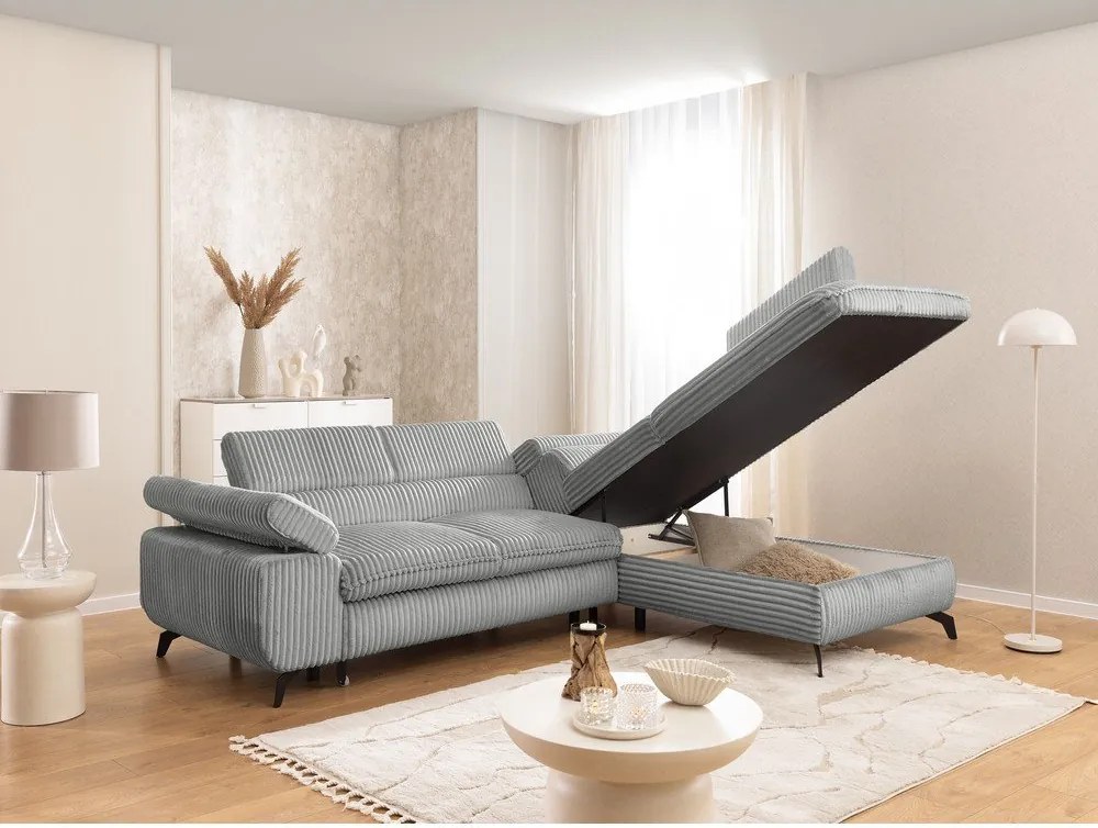 Colțar gri deschis cu tapițerie din catifea reiată (cu colț pe partea dreaptă/în formă de ”L”) Marbeya – Ropez