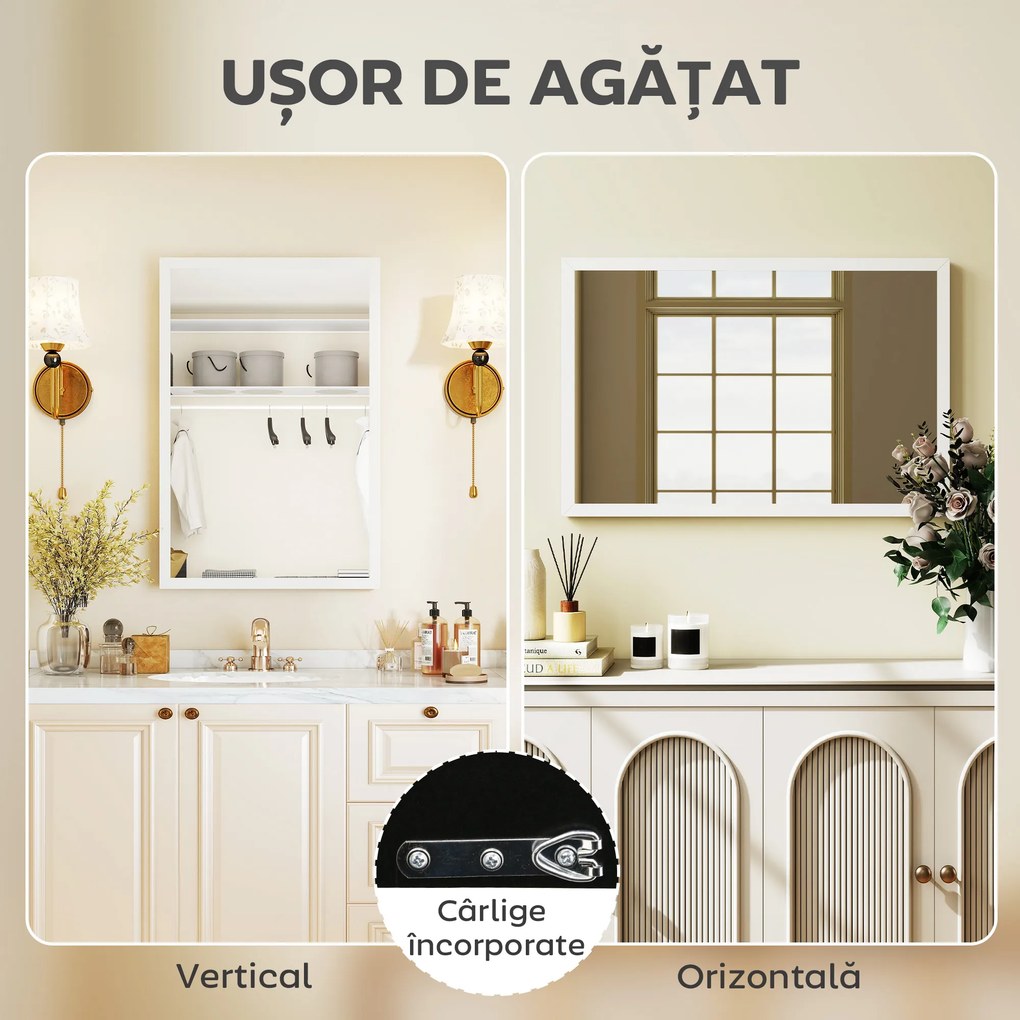 HOMCOM Oglindă de perete dreptunghiulară cu cârlige, din sticlă și MDF, 40x60 cm, albă | Aosom Romania