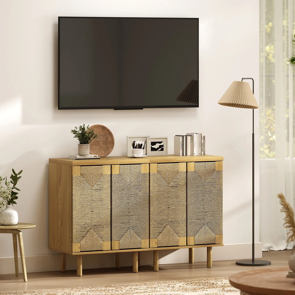 HOMCOM Bufet boem cu 2 uși cu sfoară împletită manual, raft reglabil, deschidere prin apăsare, stejar, 60x40x78 cm | Aosom Romania