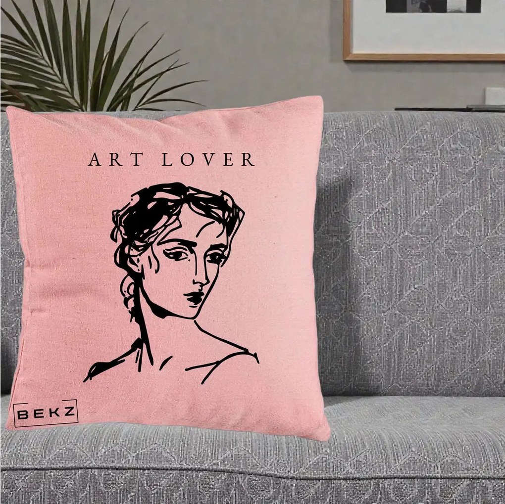 Perna Decorativa Art Lover Portret Grafic, 40x40 cm, Roz, Husa Detasabila, Perna Inclusa, BEKZ®