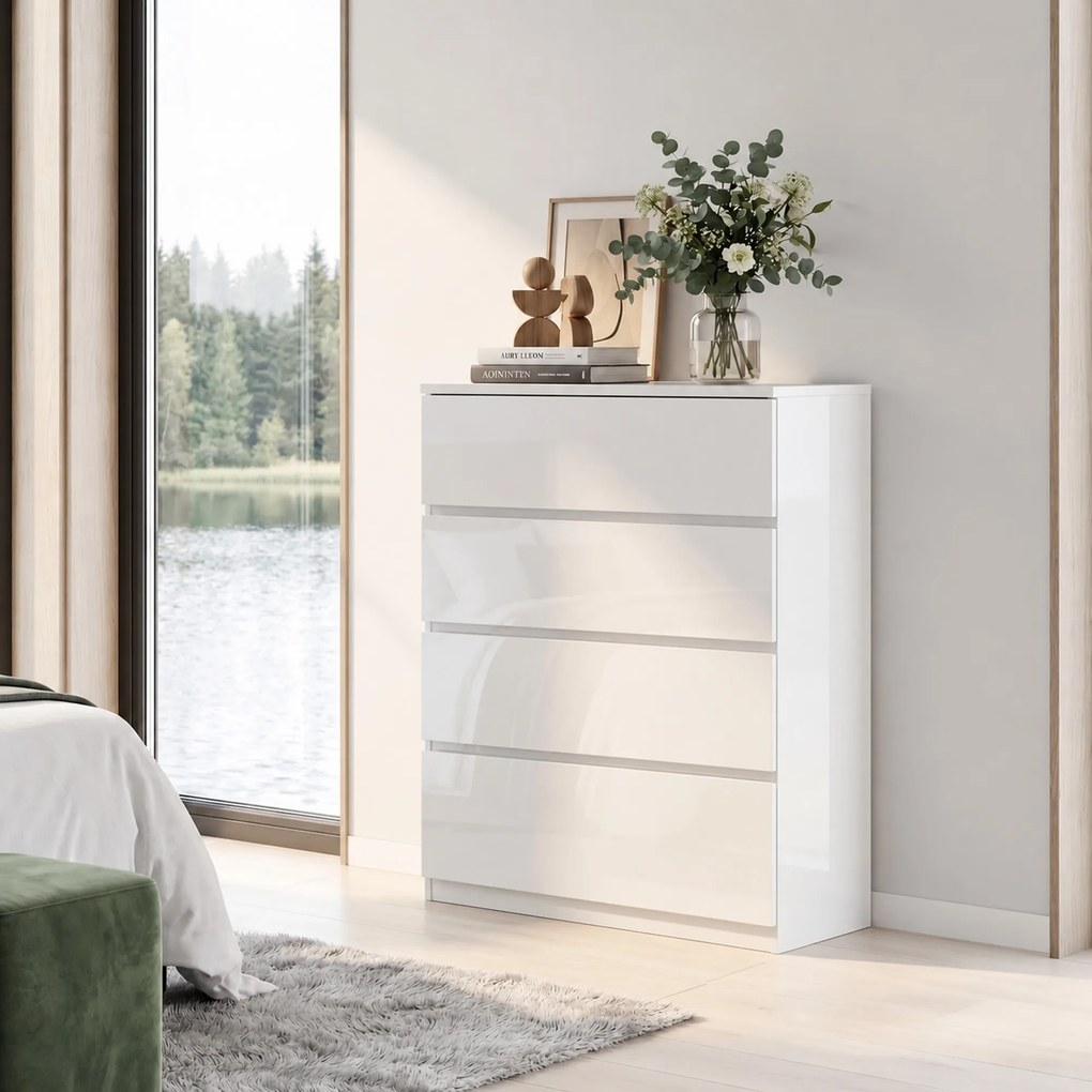 HOMCOM Comodă cu 4 Sertare, Organizator de Depozitare cu Ghidaje Metalice și Mânere cu Caneluri, 60x40x80 cm, Alb | Aosom Romania