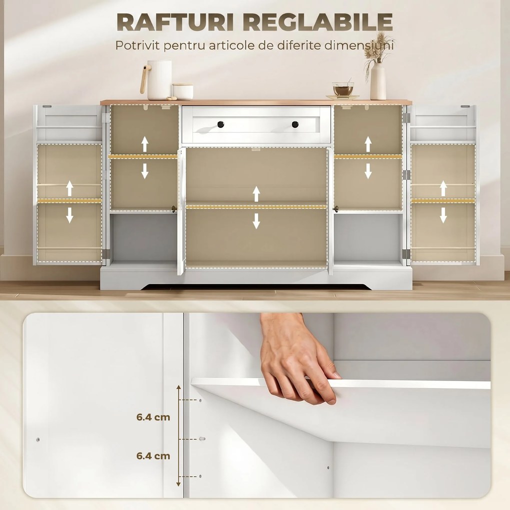 HOMCOM Servantă Bucătărie Modernă cu Sertar și 4 Uși, Dulap Bucătărie cu Rafturi Reglabile, 6 Suporturi pentru Condimente, 138x40x83,5 cm, Alb | Aosom Romania