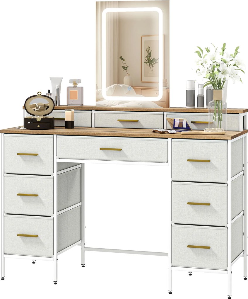 HOMCOM Masă de toaletă cu oglindă și lumini LED 3 culori, masă de machiaj 10 sertare din material textil, 118,5 x 39,5 x 140 cm natural | Aosom Romania