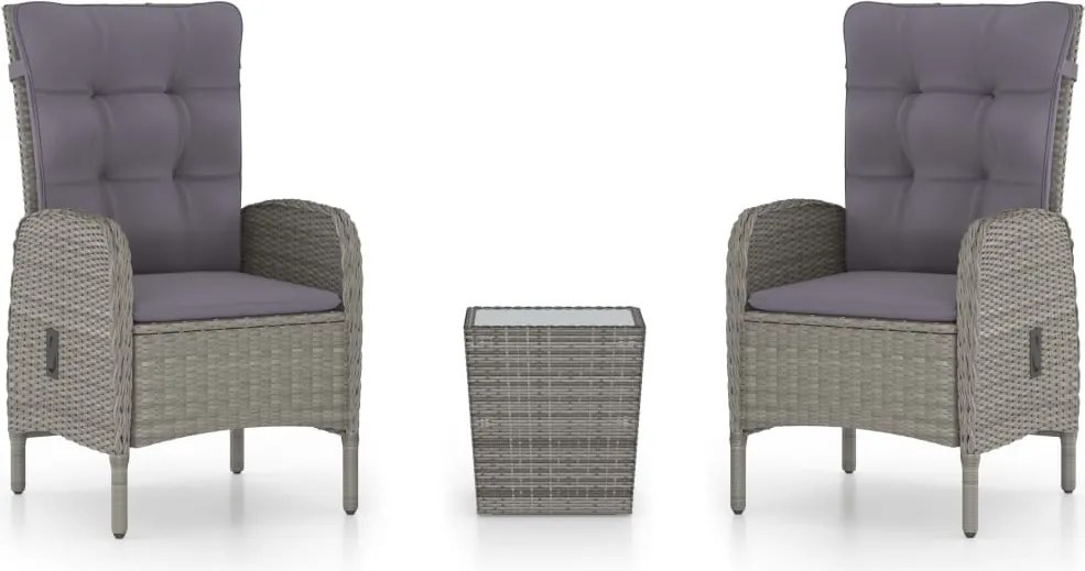 vidaXL Set mobilier grădină, 3 piese, gri, poliratan și sticlă