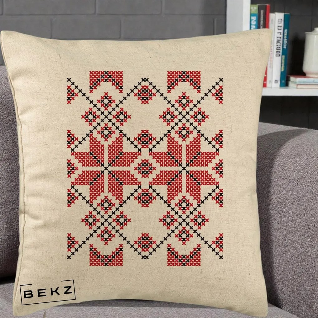 Perna Personalizata Motiv Traditional Cusatura Rosu-Negru, 40x40 cm, Bej, Husa Detasabila, Perna Inclusa, BEKZ®