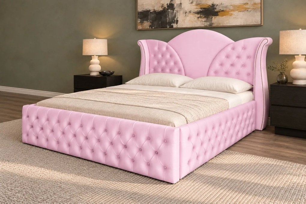Pat tapițat Chesterfield din catifea Velora Deluxe Classic 160×200 cm, roz, cu ladă de depozitare