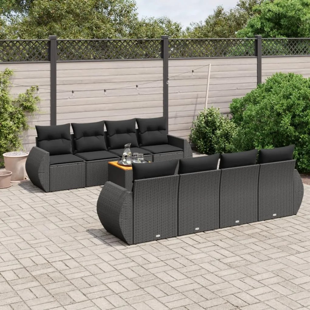 3257252 vidaXL Set mobilier de grădină cu perne, 9 piese, negru, poliratan