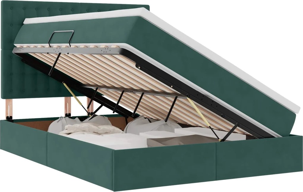 vidaXL Pat cu saltea și LED cu led Verde închis 140 x 190 cm Catifea