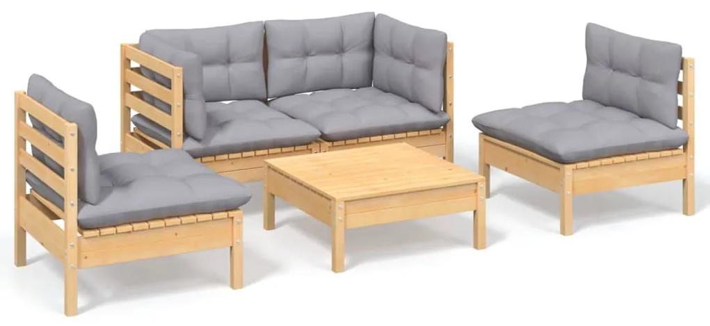 3096177 vidaXL Set mobilier de grădină cu perne gri, 5 piese, lemn masiv pin