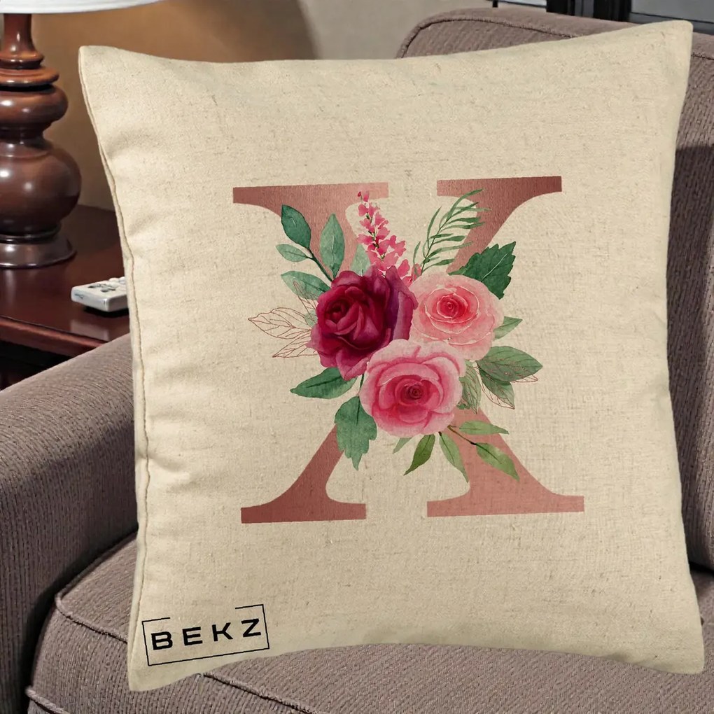 Cadou Personalizat - Perna Personalizata Monograma Rose Gold Litera X, 40x40 cm, Bej, Husa Detasabila, Perna Inclusa, BEKZ®