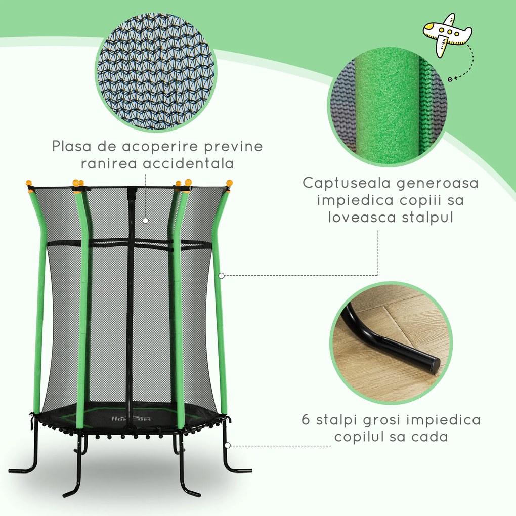 HOMCOM Trambulină Elastică pentru Copii 3-10 Ani cu Intrare cu Fermoar și Bare Căptușite, Ø163.5x190 cm, Verde | Aosom Romania