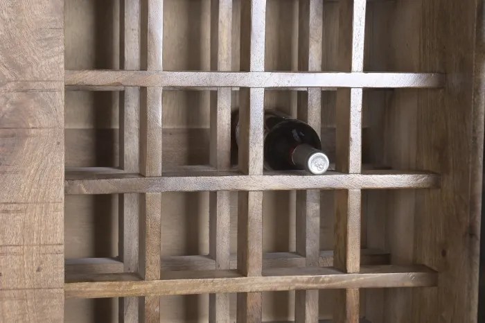 Vitrină bar din lemn masiv de mango și metal, 115 x 45 x 190 cm, finisaj natural, „Bottle Rack"
