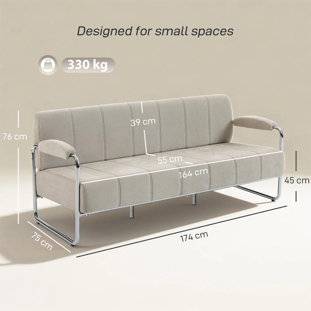 HOMCOM Canapea 3 Locuri Tapițată cu Chenille și Cusături Duble, Canapea Modernă cu Brațe și Picioare din Oțel, pentru Living, Birou și Dormitor, 174x75x76 cm, Bej | Aosom Romania