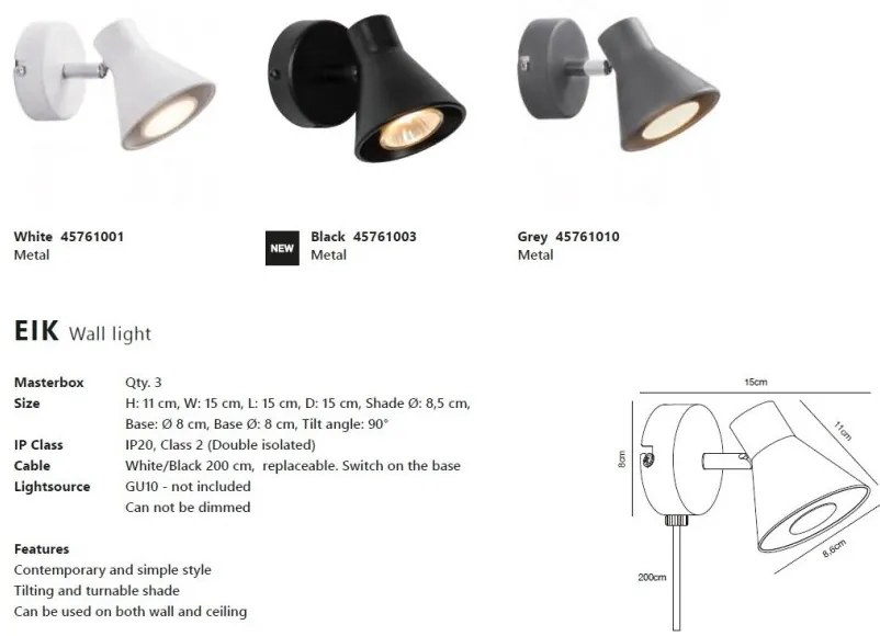 Aplica de perete cu spot directionabil design modern Eik 2 negru
