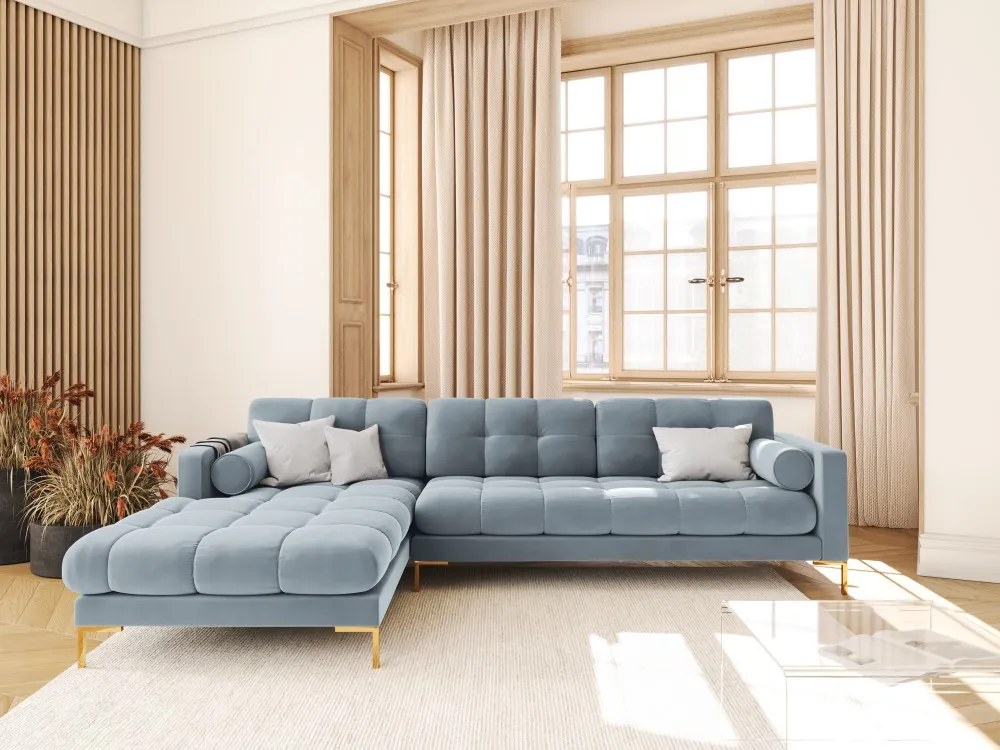 Colțar tapițat Bali, Albastru deschis/5 locuri/picioare gold/partea stângă/ L293 x l185 x h75