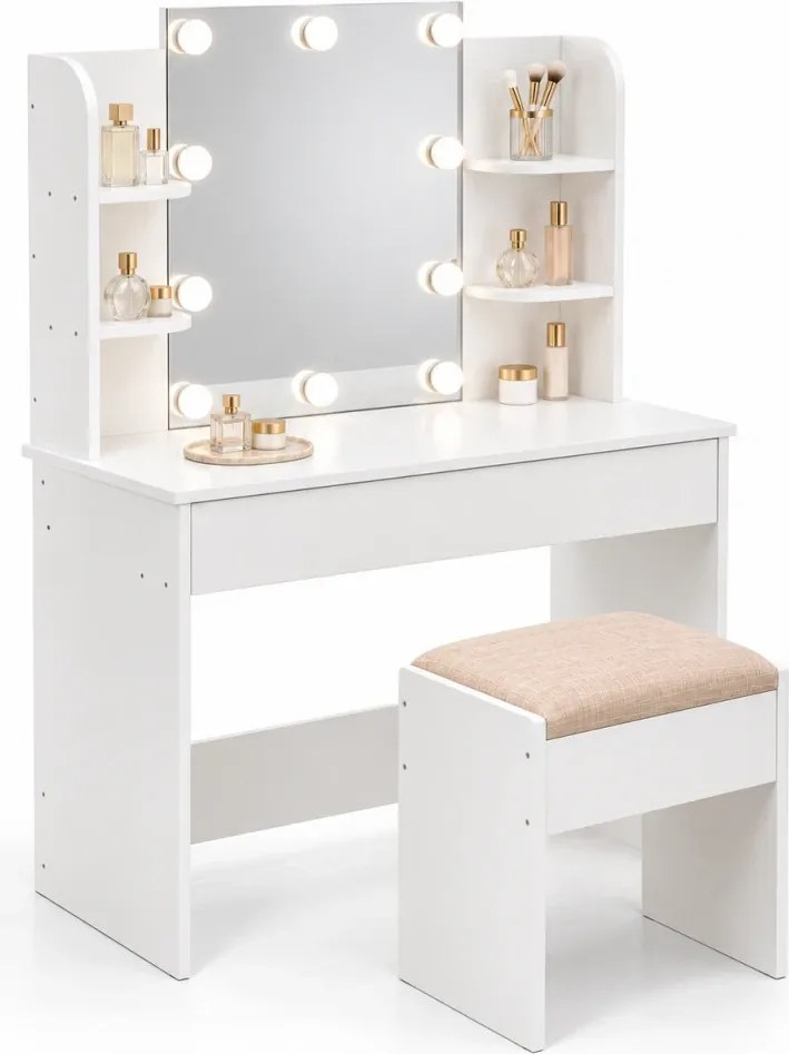 Set FRANCESCA – Masă de Toaletă pentru Machiaj, Oglinda Iluminata, Becuri LED, Sertar triplu, Polițe, Scaun, Alb