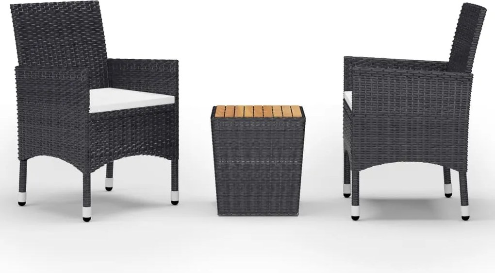 vidaXL Set mobilier bistro, 3 piese, negru, poliratan și lemn acacia