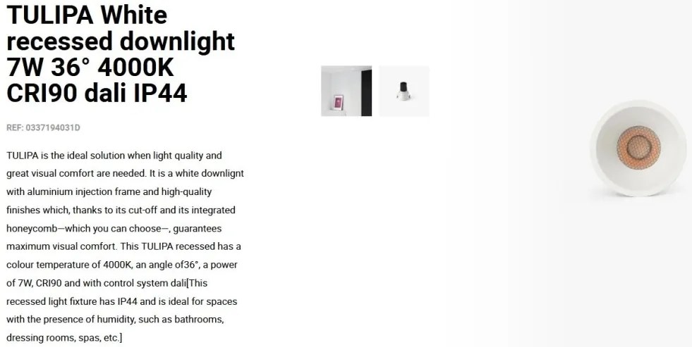 Spot LED incastrabil TULIPA White recessed downlight 7W 36° 4000K CRI90 dali IP44