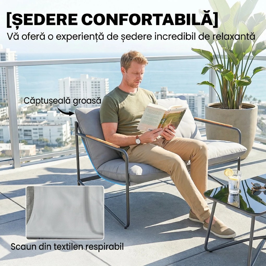 Set de Grădină Outsunny cu Canapea, 2 Fotolii și Măsuță cu Blat din Sticlă, Mobilier de Exterior cu Perne Groase, Gri Deschis | Aosom Romania