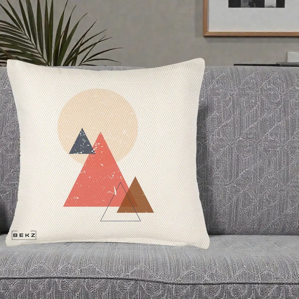 Perna Decorativa Geometric Munti si Soare, 40x40 cm, Crem Reliefat, Husa Detasabila, Perna Inclusa, BEKZ®