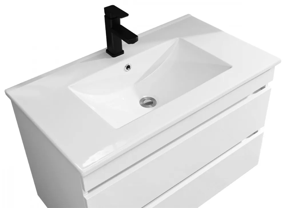 Mască de baie Cube 80 cu chiuvetă ceramică, 2 sertare, vopsită în alb lucios