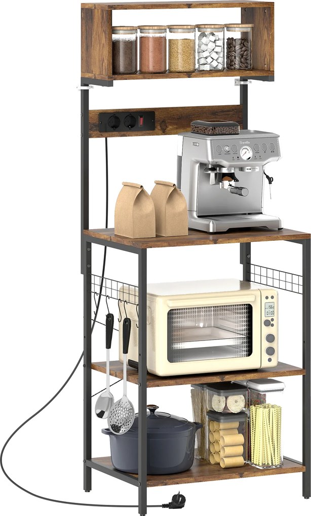 HOMCOM Raft de bucătărie, raft vertical cu 5 cârlige în S, 5 rafturi, priză, din oțel, Maro-rustic, 60 x 42 x 153 cm | Aosom Romania