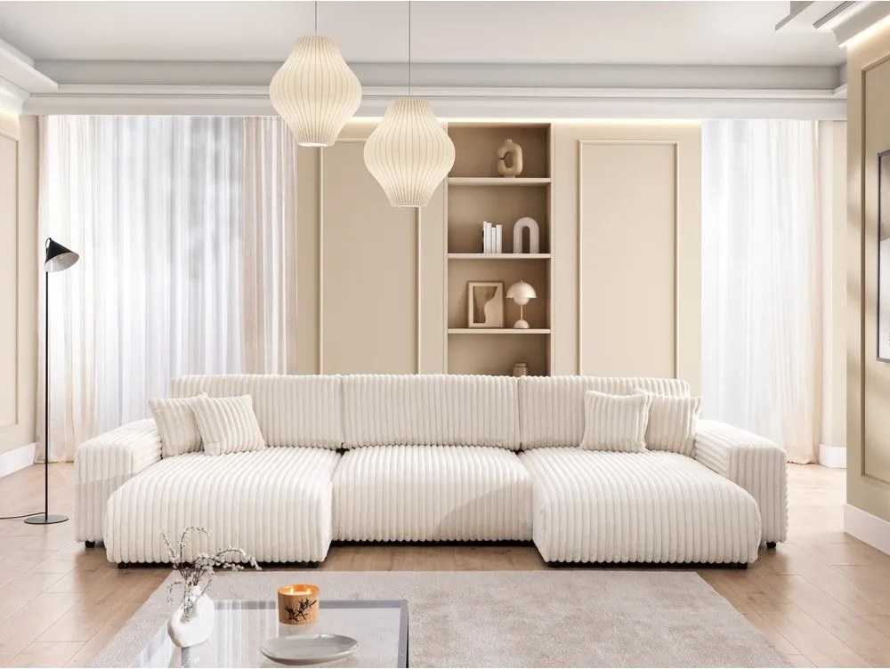 Colțar crem extensibil/cu spațiu de depozitare cu tapițerie din catifea reiată (în formă de "U") Sarina – Ropez