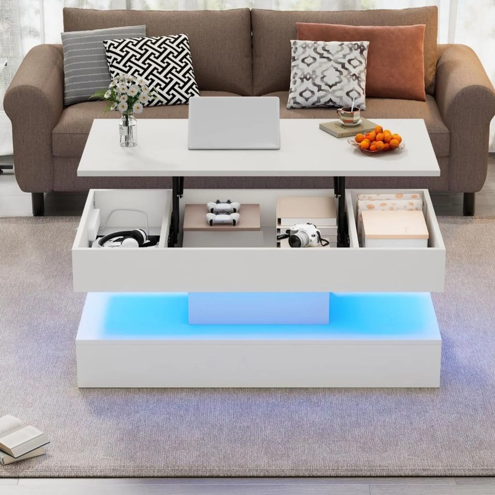 Masă de cafea modernă cu iluminare LED și spațiu de depozitare ascuns, măsuță laterală cu sistem hidraulic de ridicare, 100x50x42 cm, Alb