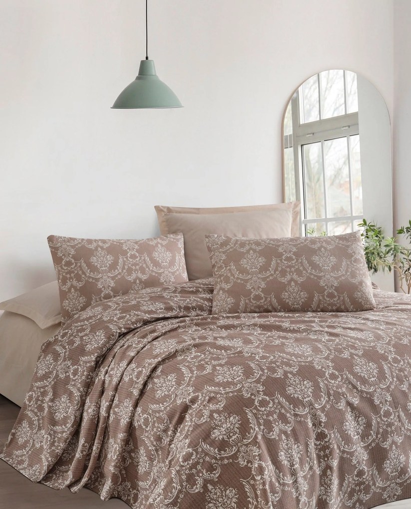 Set cuvertura pat dublu PURE, maro, bumbac, 200x230 cm, cu cearsaf si