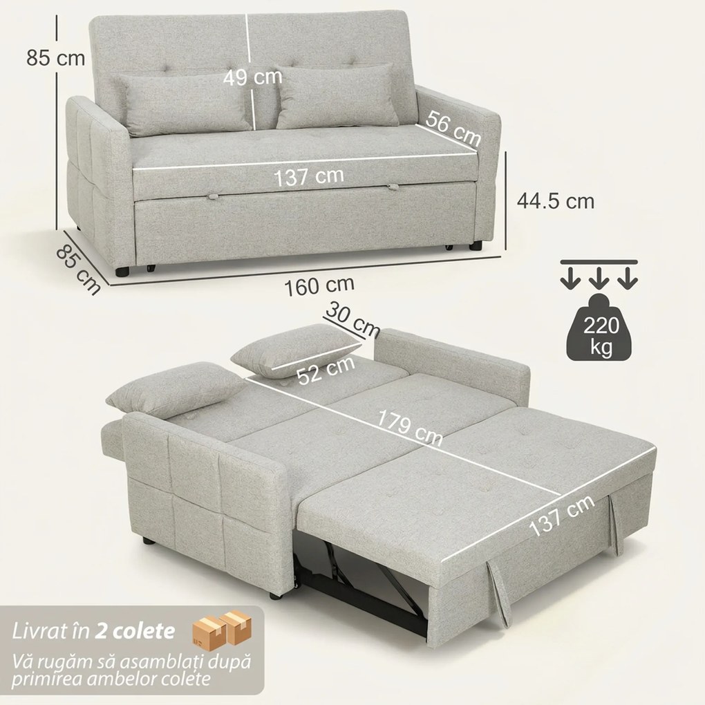 HOMCOM Canapea Pat cu Design Extensibil Clic Clac pentru 2 Locuri - Gri Deschis | Aosom Romania