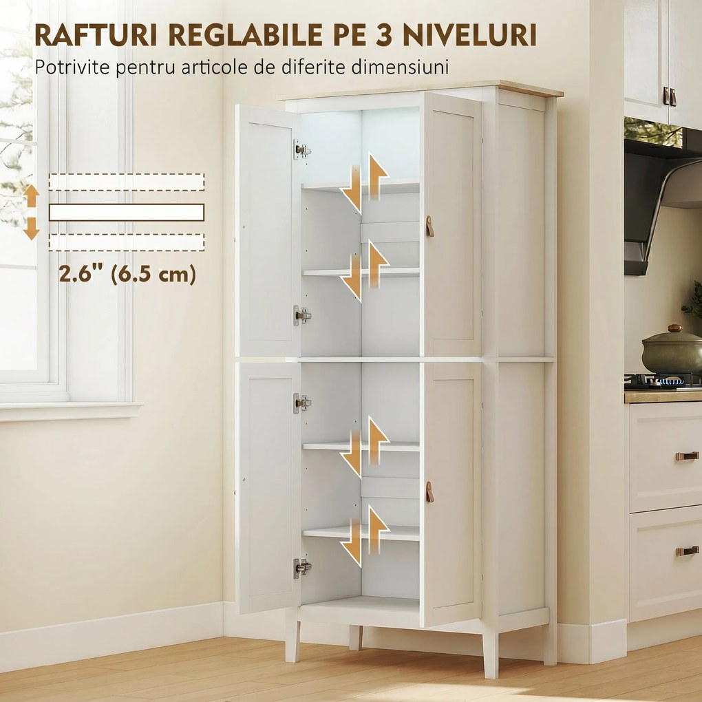 HOMCOM Bufet Înalt de Bucătărie 177 cm, Dulap cu Lumină LED, Reglabil în 3 Culori, Rafturi Ajustabile, Alb | Aosom Romania