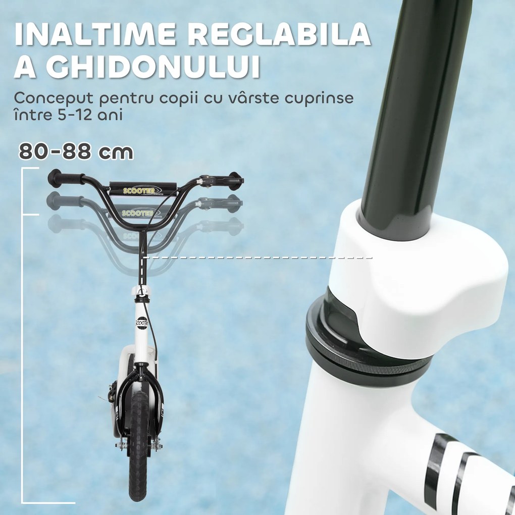 AIYAPLAY Monopatin pentru Copii 5-12 Ani cu Roți Mari de 30cm și Ghidon Reglabil, Monopatin pentru Copii din Oțel cu Frână Posterioară, Suport, Alb și Negru | Aosom Romania