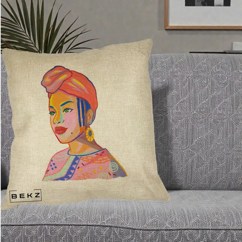 Perna Decorativa Portret Femeie Africana, 40x40 cm, Crem, Husa Detasabila, Perna Inclusa, BEKZ®