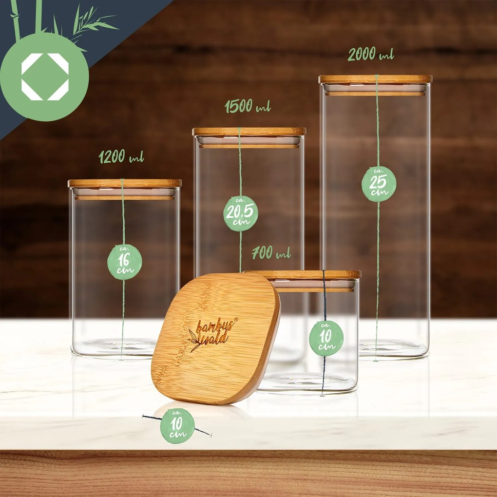 Recipient pătrat pentru păstrarea alimentelor cu capac din bambus, set de 4 bucăți, conține: 700 ml, 1200 ml, 1500 ml, 2000 ml