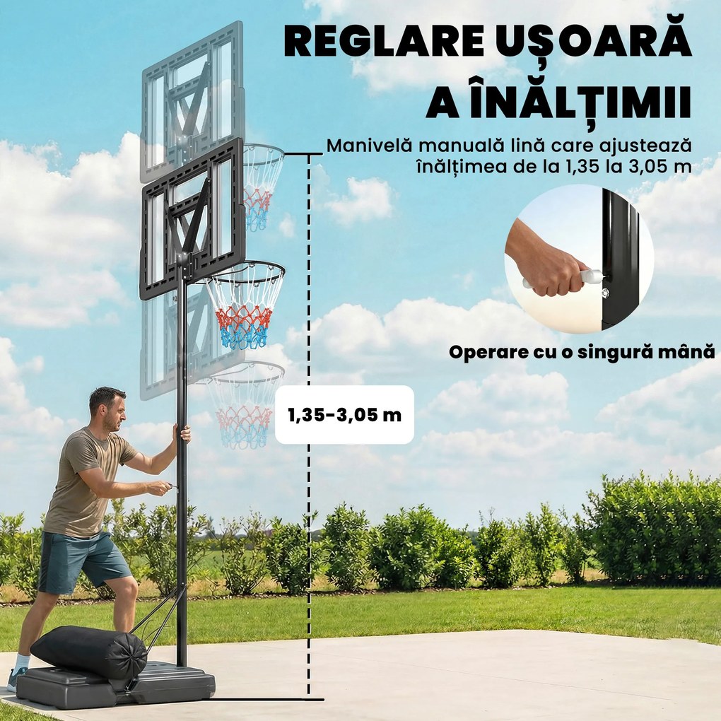SPORTNOW Coș de Baschet Exterior Reglabil pe Înălțime 135-305 cm, Coș de Baschet cu Roți, Bază Umplibilă, Sac de Greutate, Panou Rezistent, Portabil pentru Interior și Exterior, Negru | Aosom Romania