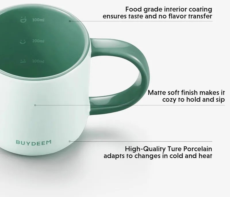 Ceasca ceramica pentru ceai si cafea Buydeem CD1018-CG, 350 ml, Fund plat, Scala de masurare interna, Verde