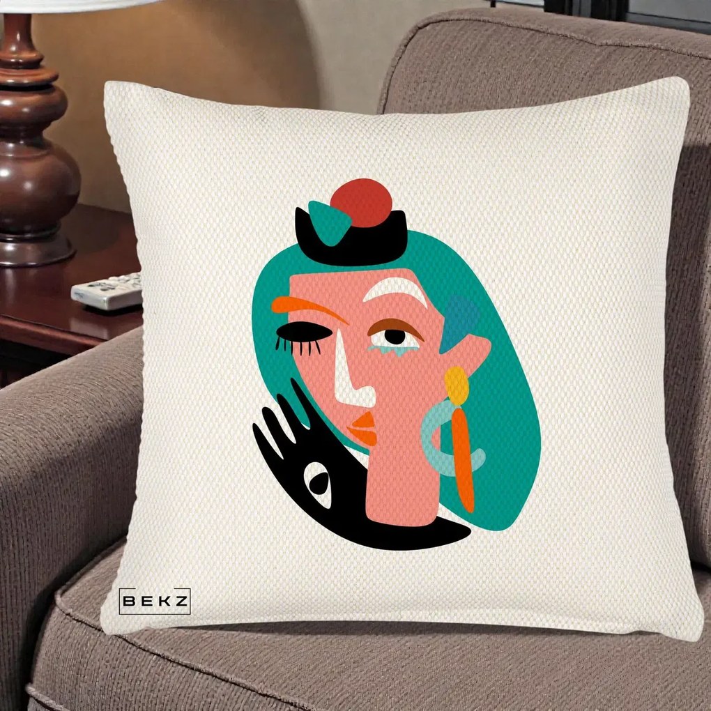 Perna Decorativa Portret Abstract Matisse Turcoaz, 40x40 cm, Crem Reliefat, Husa Detasabila, Perna Inclusa, BEKZ®