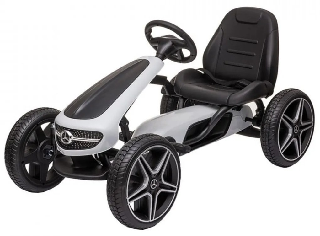 Kart cu pedale pentru copii NOVOKIDS® Mercedes Benz Kart PRO, Cu claxon si melodii, Carena, Structura metalica, Frana de mana, Functie FreeWheel,