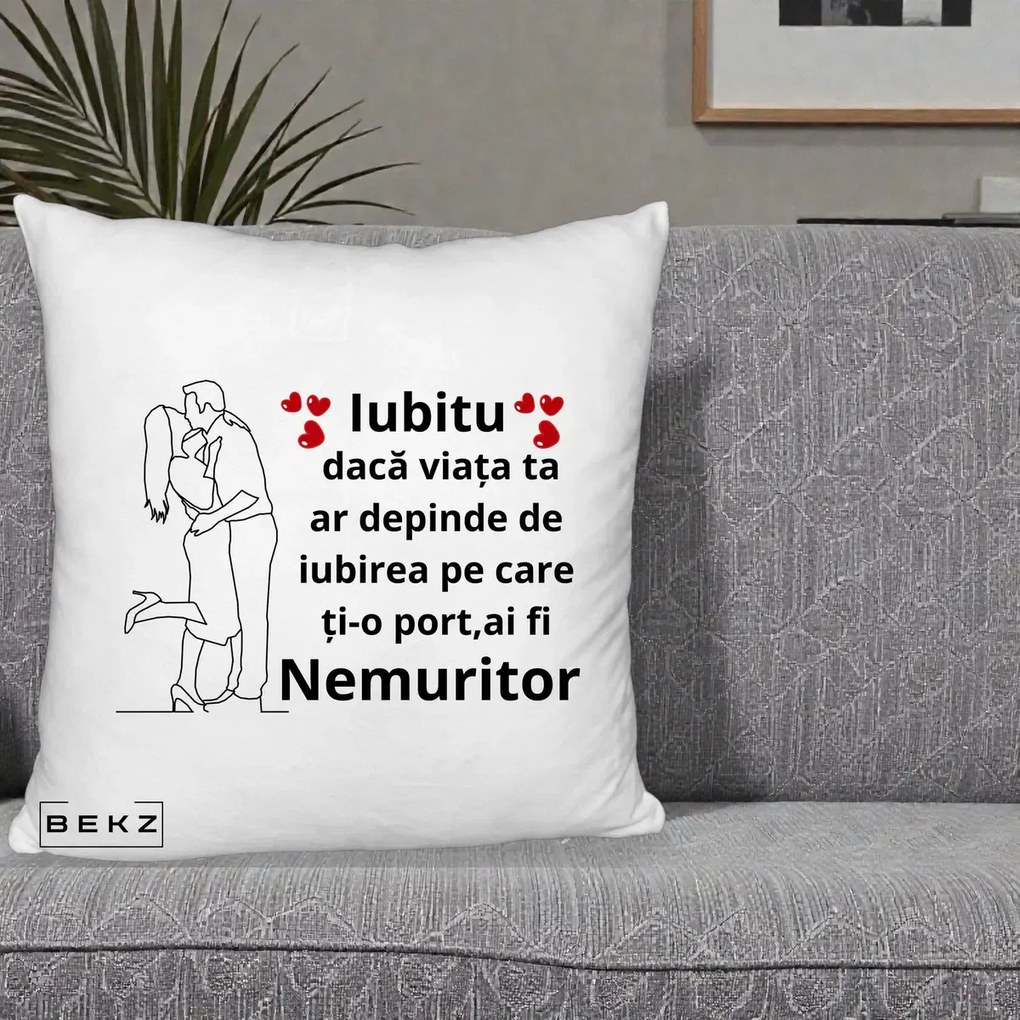 Cadou pentru Iubit - Perna Personalizata Iubitu Nemuritor cu Cuplu Line-Art si Inimi Rosii, 40x40 cm, Alb Pufos, Husa Detasabila, Perna Inclusa, BEKZ®